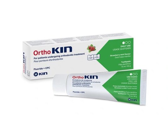 KIN KIN OrthoKIN STRAWBERRY pasta do zębów dla osób noszących aparat ortodontyczny 75ml — Składniki i ocena