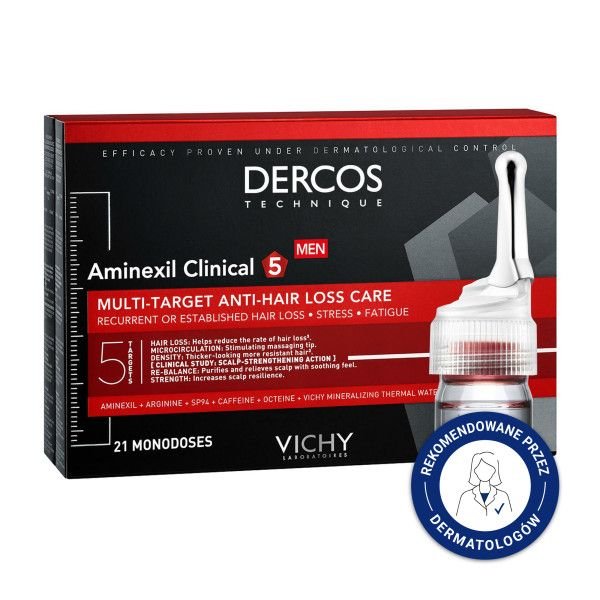 VICHY Vichy Dercos Aminexil Clinical 5, kuracja przeciw wypadaniu włosów dla mężczyzn, 6 ml, 21 ampułek