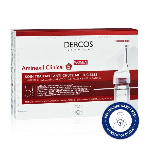 VICHY Vichy Dercos Aminexil Clinical 5, kuracja przeciw wypadaniu włosów dla kobiet, 6 ml, 21 ampułek — Składniki i ocena