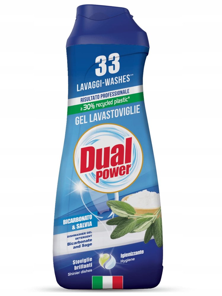 Dual Dual Power Bicarbonato 660 ml – włoski żel do zmywarki, 33 cykle, siła sody oczyszczonej i skuteczne odtłuszczanie